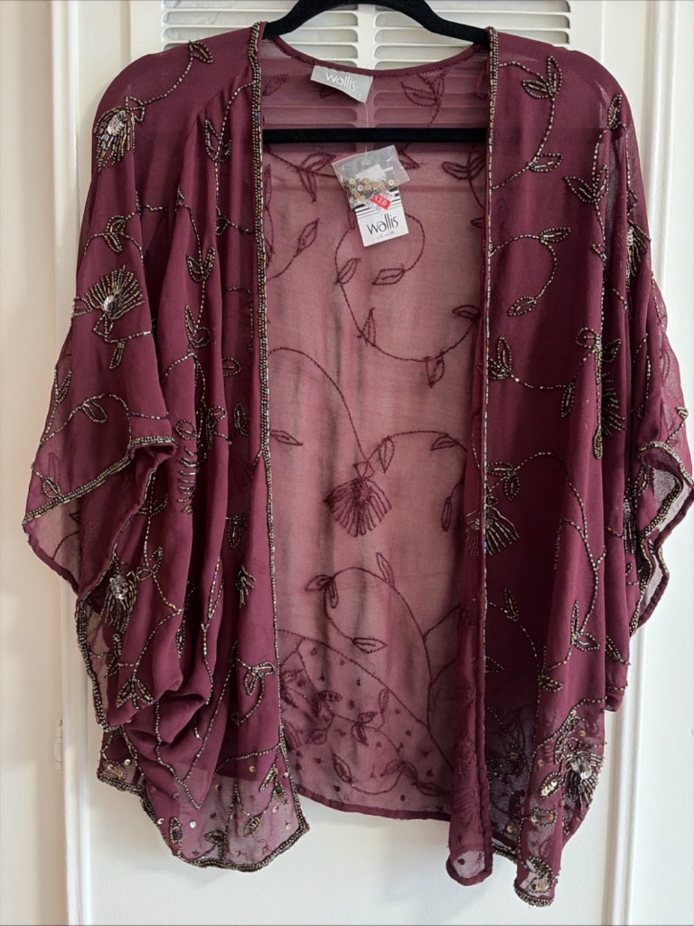 Wallis Beaded Floral Sheer Kimono Short Sleeve in Wine Coverup Shawl Formal NWT